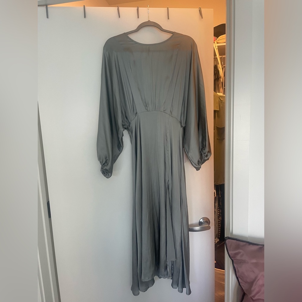 Silver silk midi dress with slit